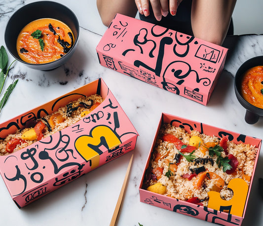 Cajas de cartón personalizadas para delivery con diseño moderno y logo visible.