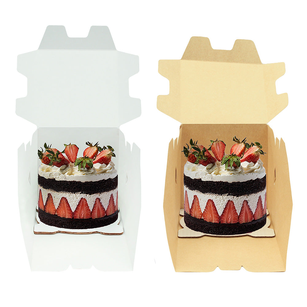 Cajas de cartón color blanca y krft con un bonito pastel, abiertas de frente y de la tapa, para pastel tamaño mediano, diseñada para transportar y proteger pasteles de forma segura. Hecha de material reciclable, ideal para pastelerías y eventos.