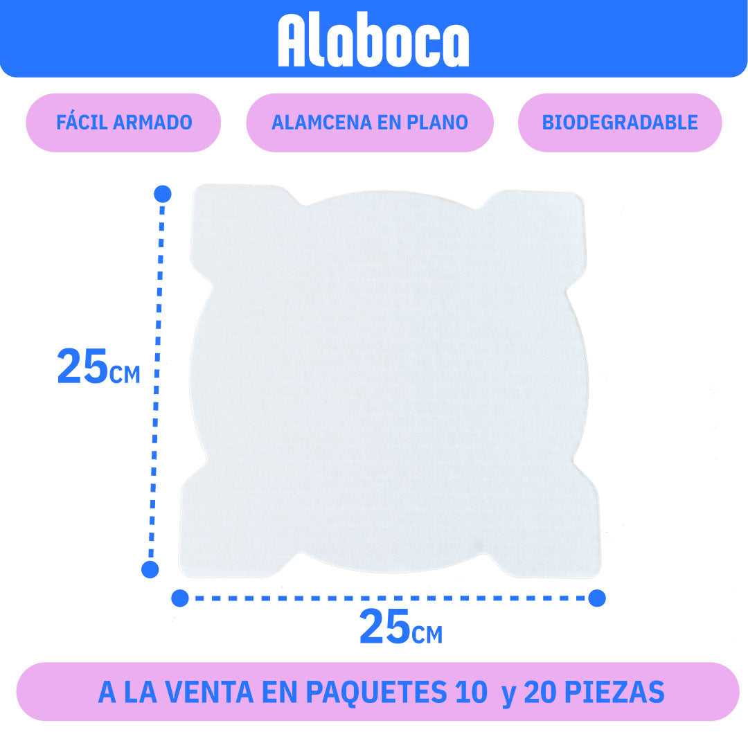 Base para pastel de 25x25 color blanca fácil de almacenar y biodegradable, en paquetes de 10 y 20 piezas .