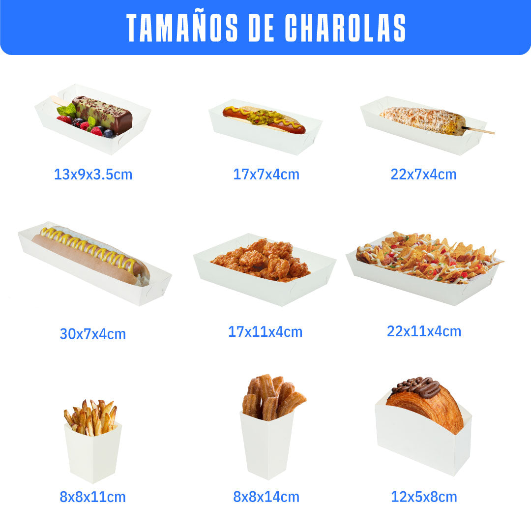 Charolas color blanco de diferentes tamaños y diseños con comida dentro para la presentación de dichas charolas