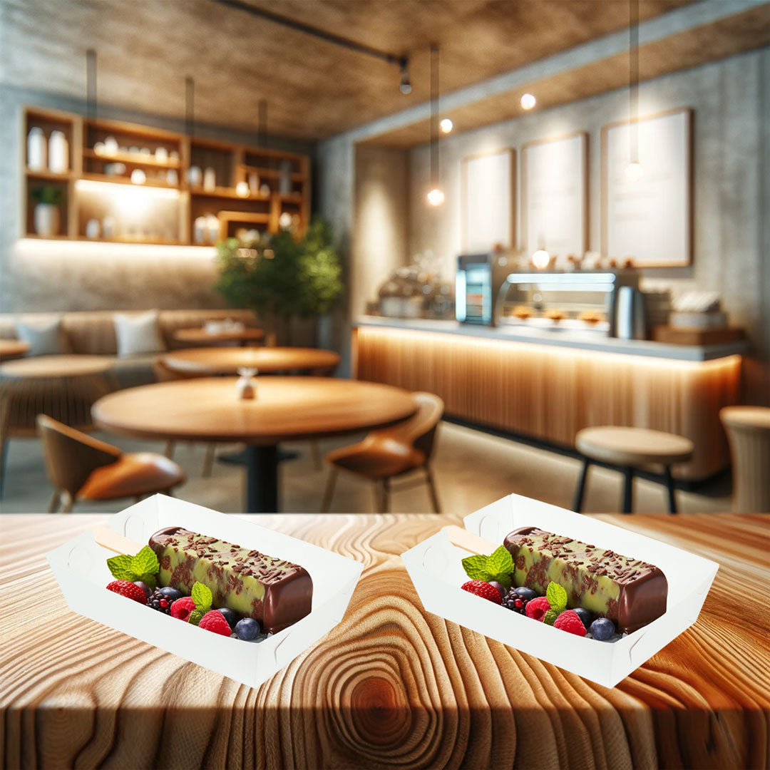 Charolas biodegradables color blanco, con paleta heladas cubiertas de chocolate y decorados con frutas, servidos en una cafetería.