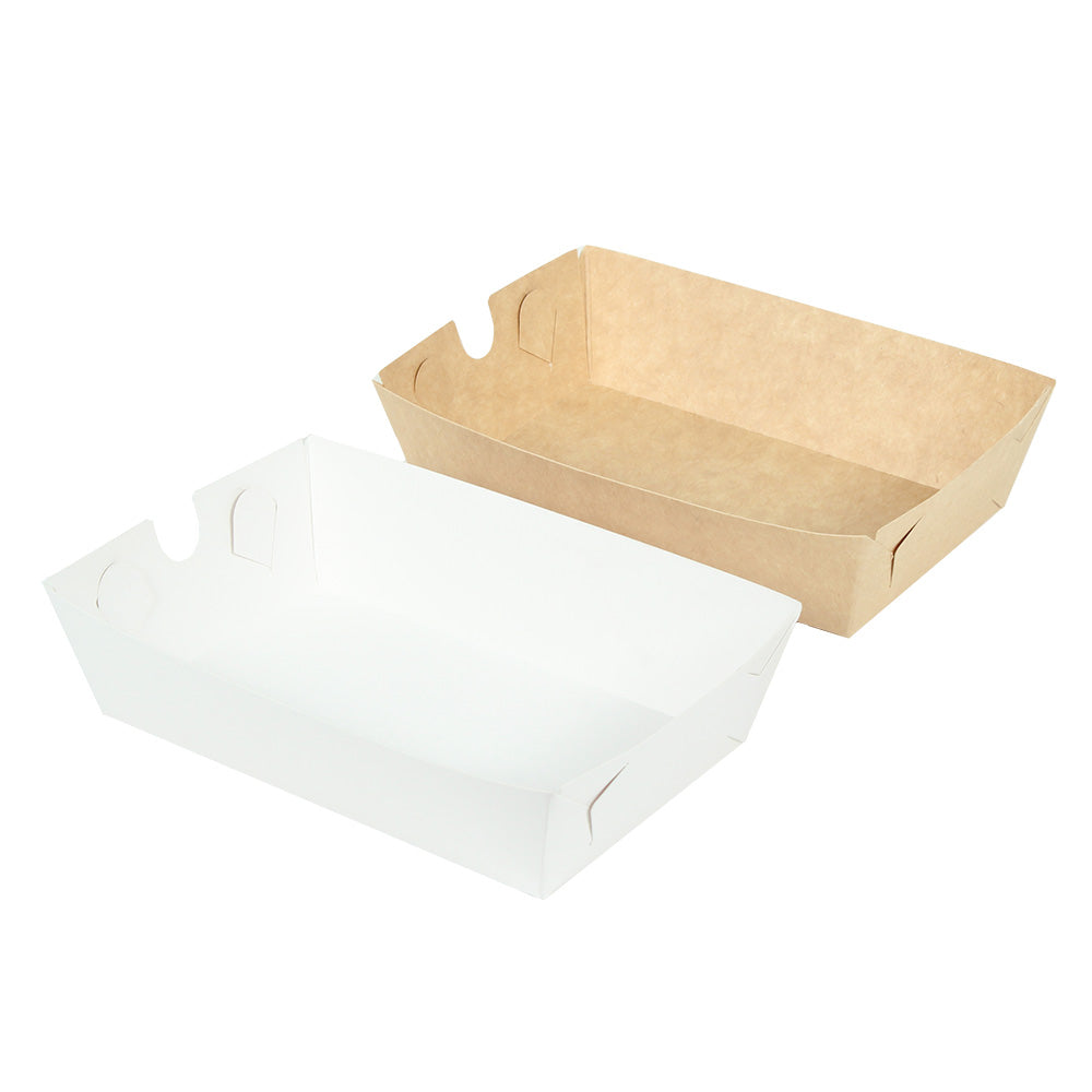 Bandeja de cartón kraft y blanca sin tapa, vista desde un ángulo de tres cuartos. Ideal para exhibir productos, es ecológica y reciclable, perfecta para negocios que buscan empaques sostenibles.