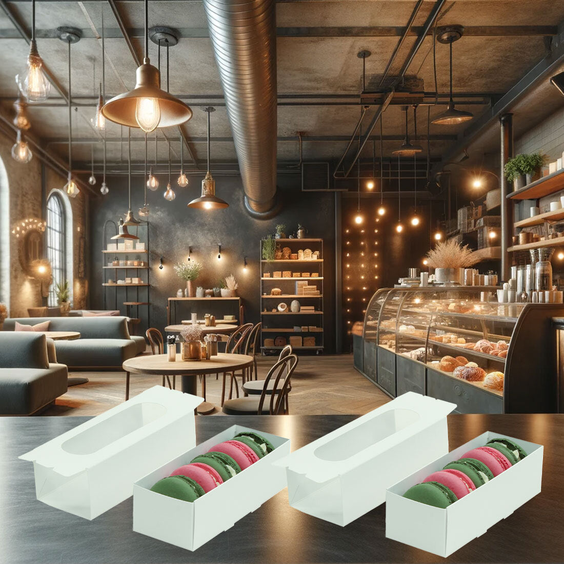 2 cajas colorblanca biodegradables, con macarrones dentro y la tapa a un lado, de fondo se ve una pastelería