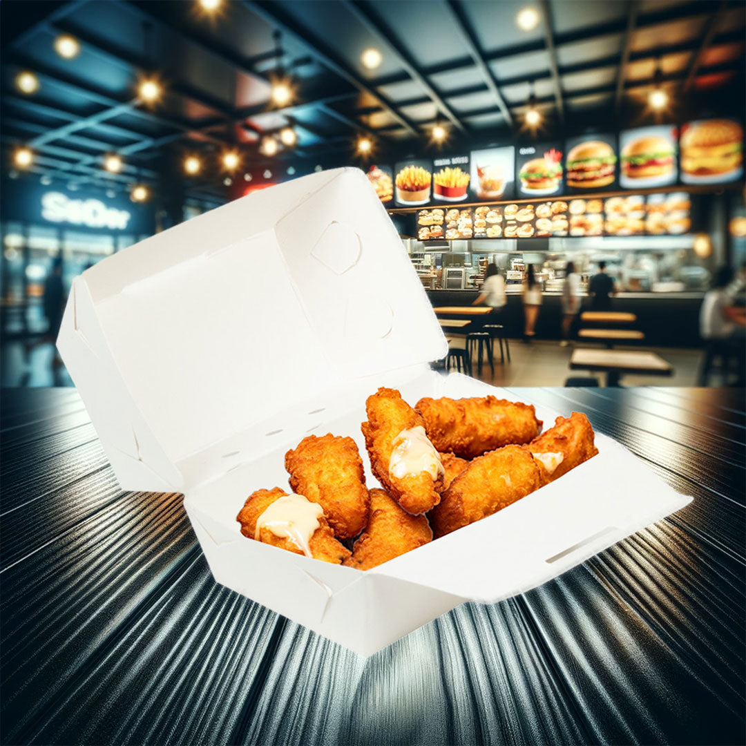 caja tipo bisagra color blanca abierta, dentro tiene unas piezas de tender con aderezo y de fondo un restauran de comida rápida