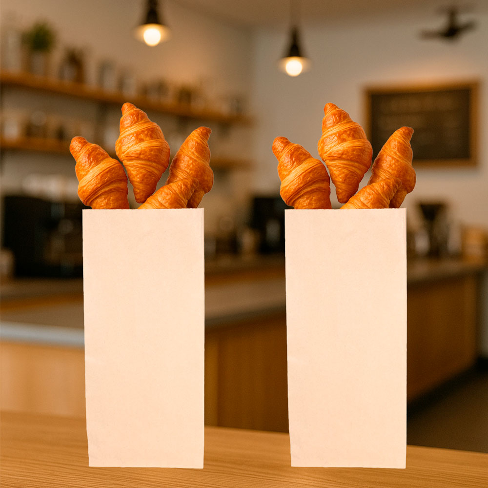 Bolsa de papel kraft con pan artesanal y fondo ambientado