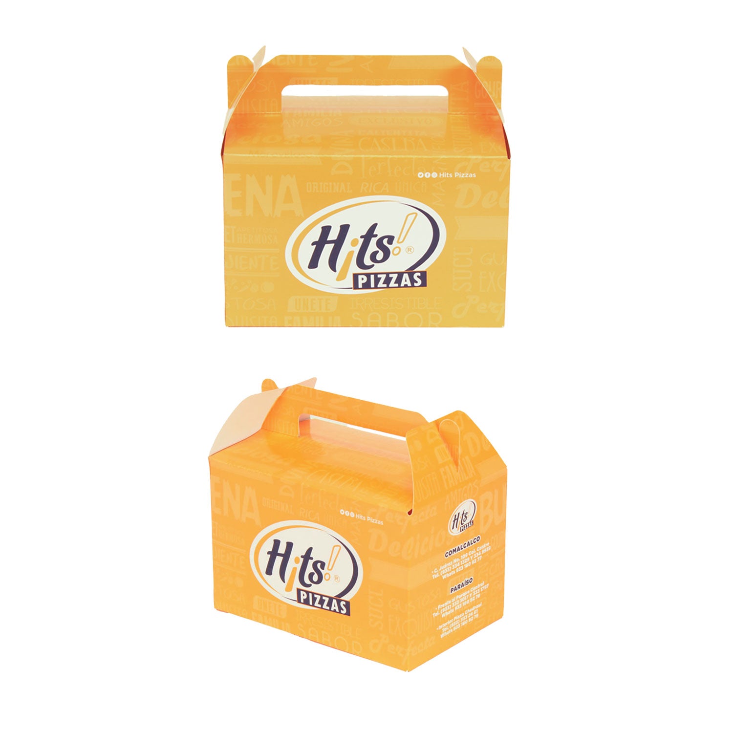 Caja de cartón para alimentos con diseño personalizado de Hits Pizzas.