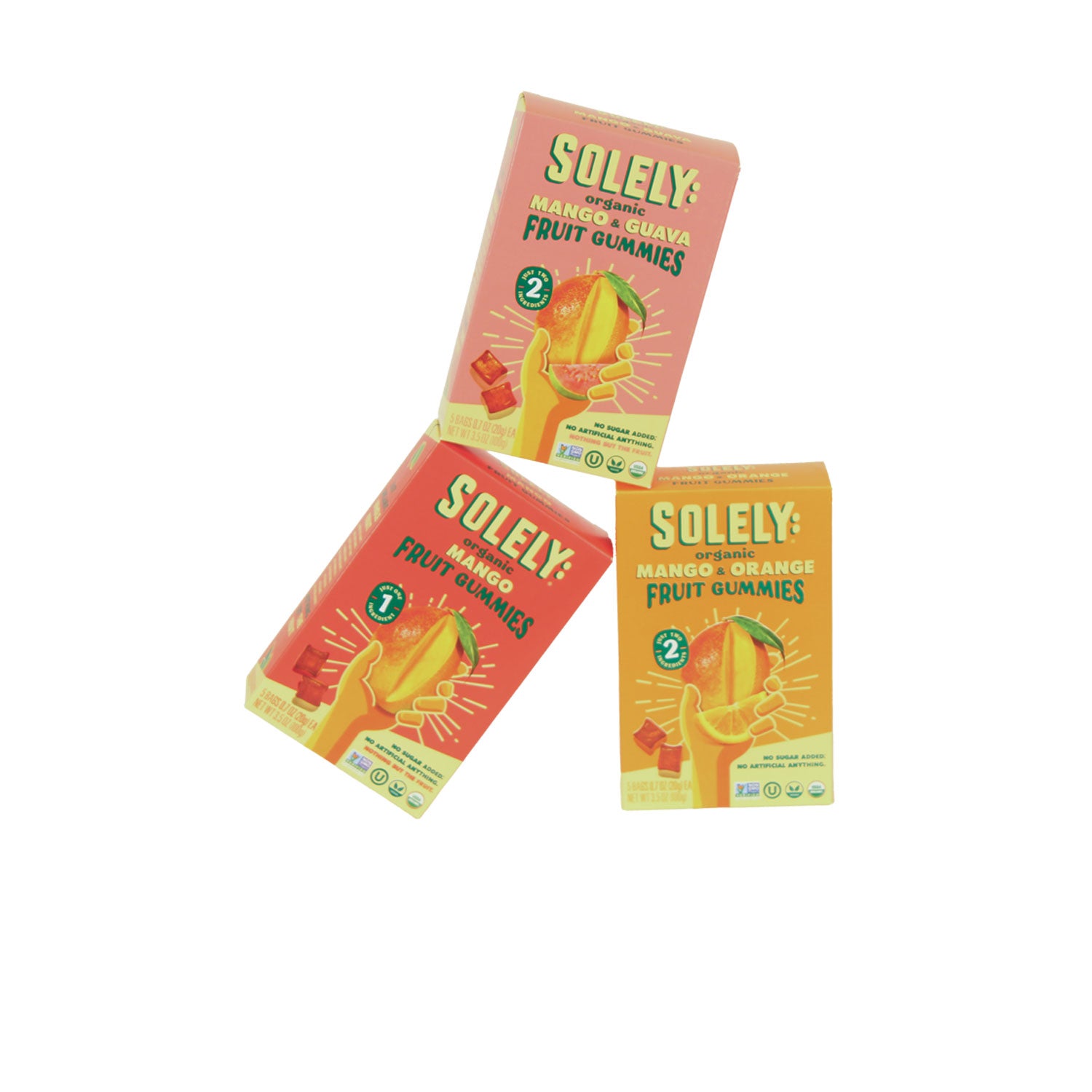 Cajas de cartón para gomitas orgánicas de fruta marca Solely.