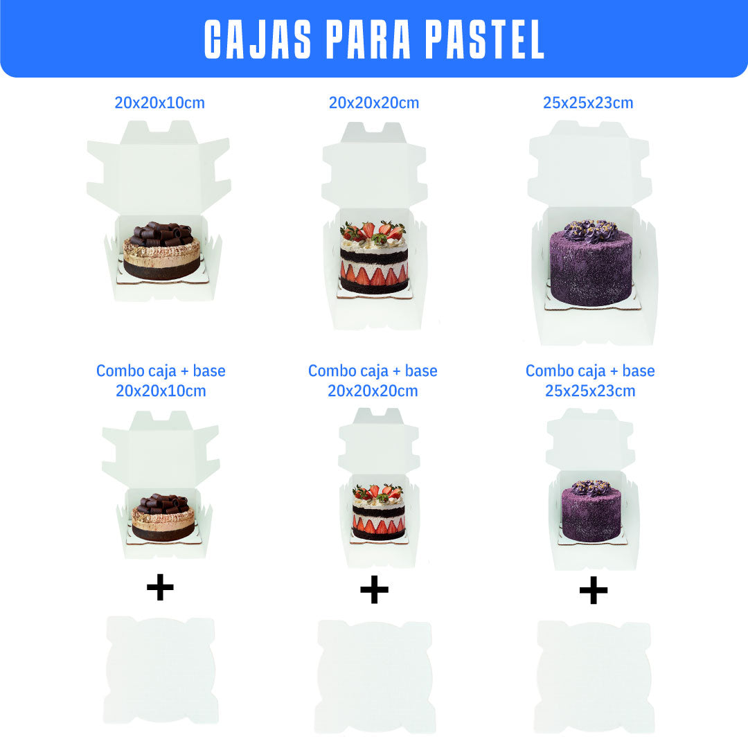 6 cajas de cartón blancas abiertas con un pastel dentro y con la base para el pastel abajo, de 3 tamaños diferentes