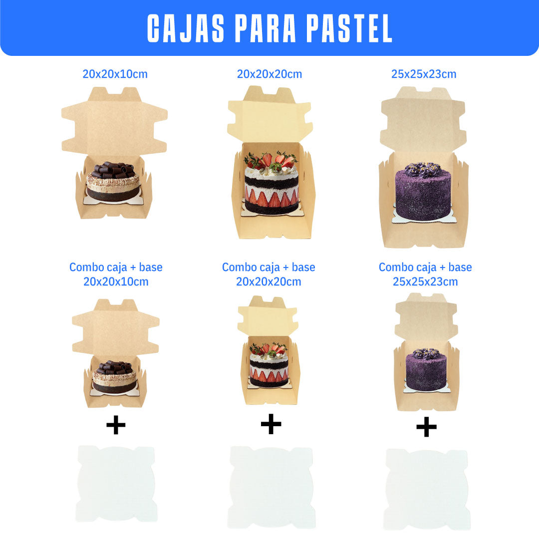 6 cajas de cartón color kraft abiertas con un pastel dentro y con la base para el pastel abajo, de 3 tamaños diferentes
