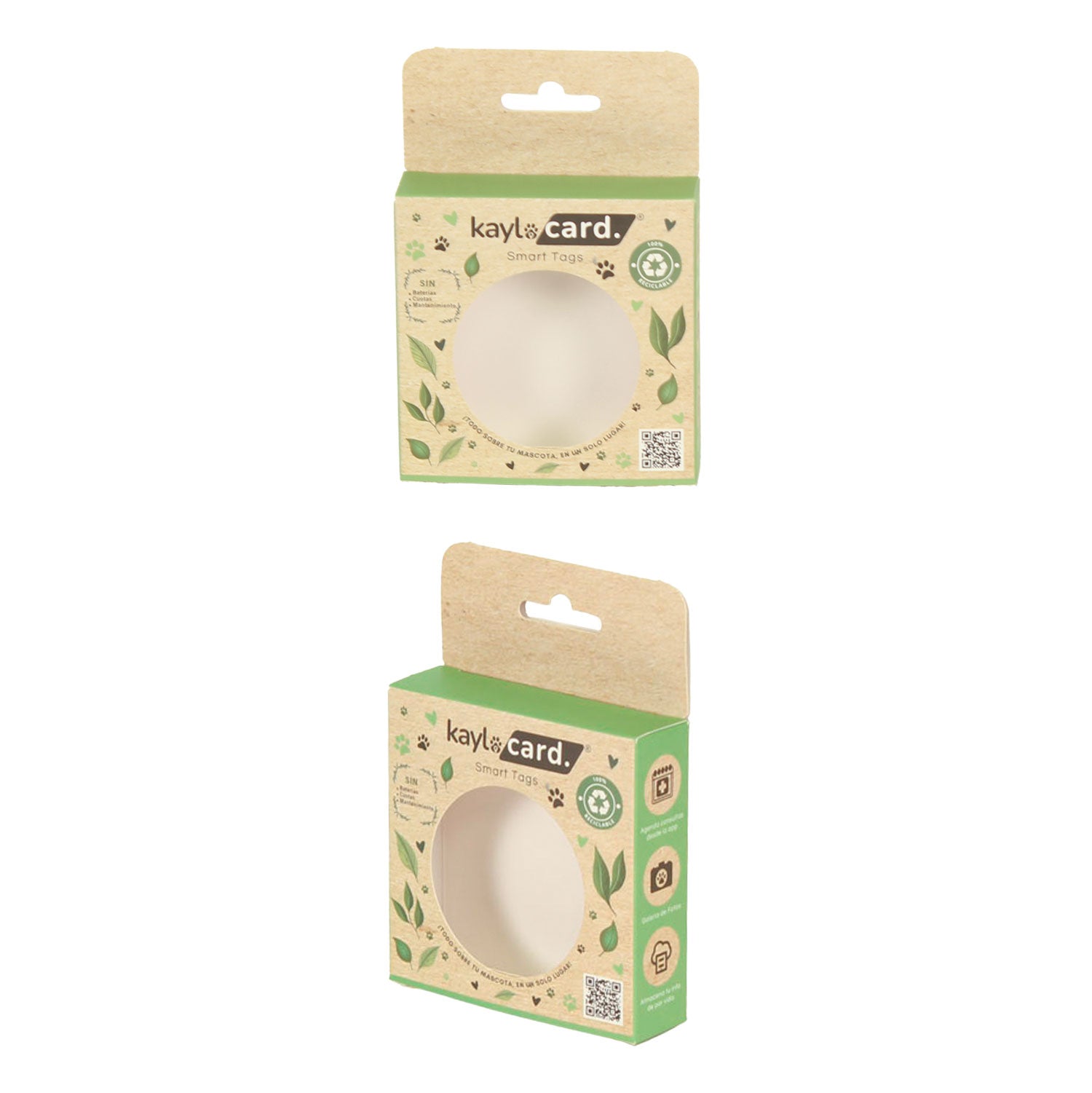 Caja de cartón ecológica con ventana circular para dispositivo tecnológico.