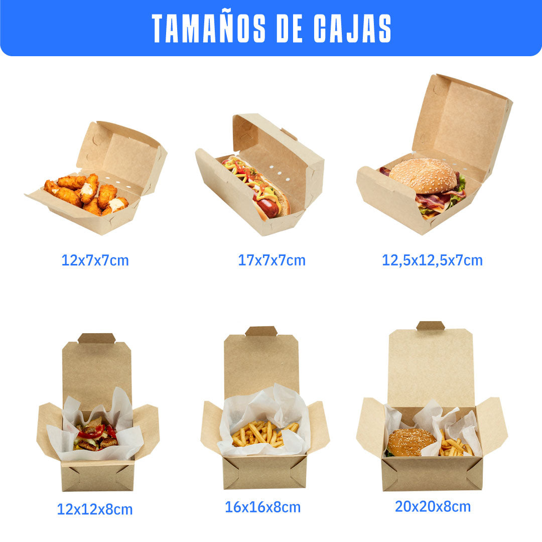 6 charolas con diferentes tamaños, cada una con producto dentro y sus medidas de bajo
