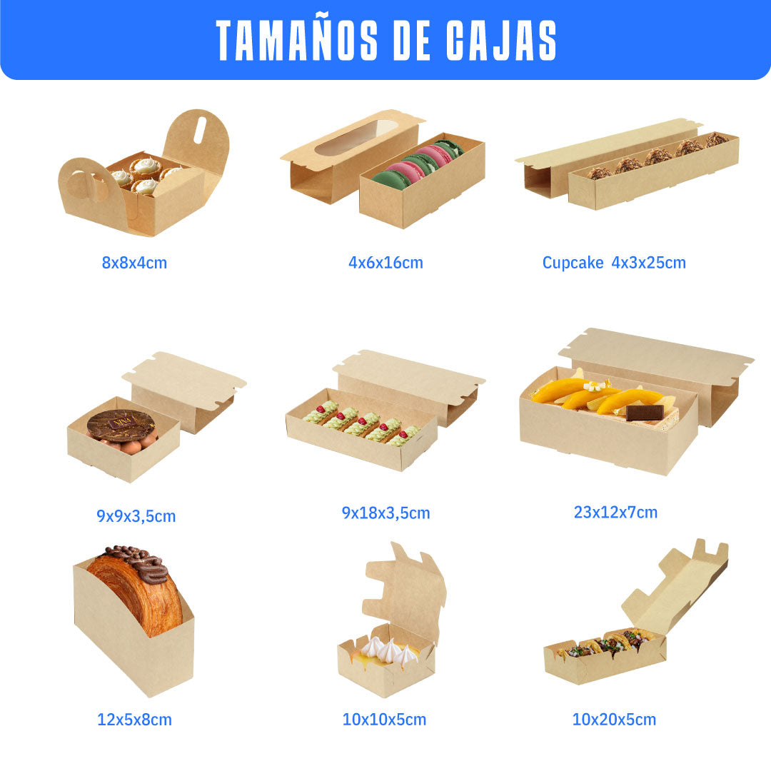imagen con fondo blanco en el que muestran 9 diferentes tipos de cajas con sus medidas debajo color Kraft con producto dentro para la vista
