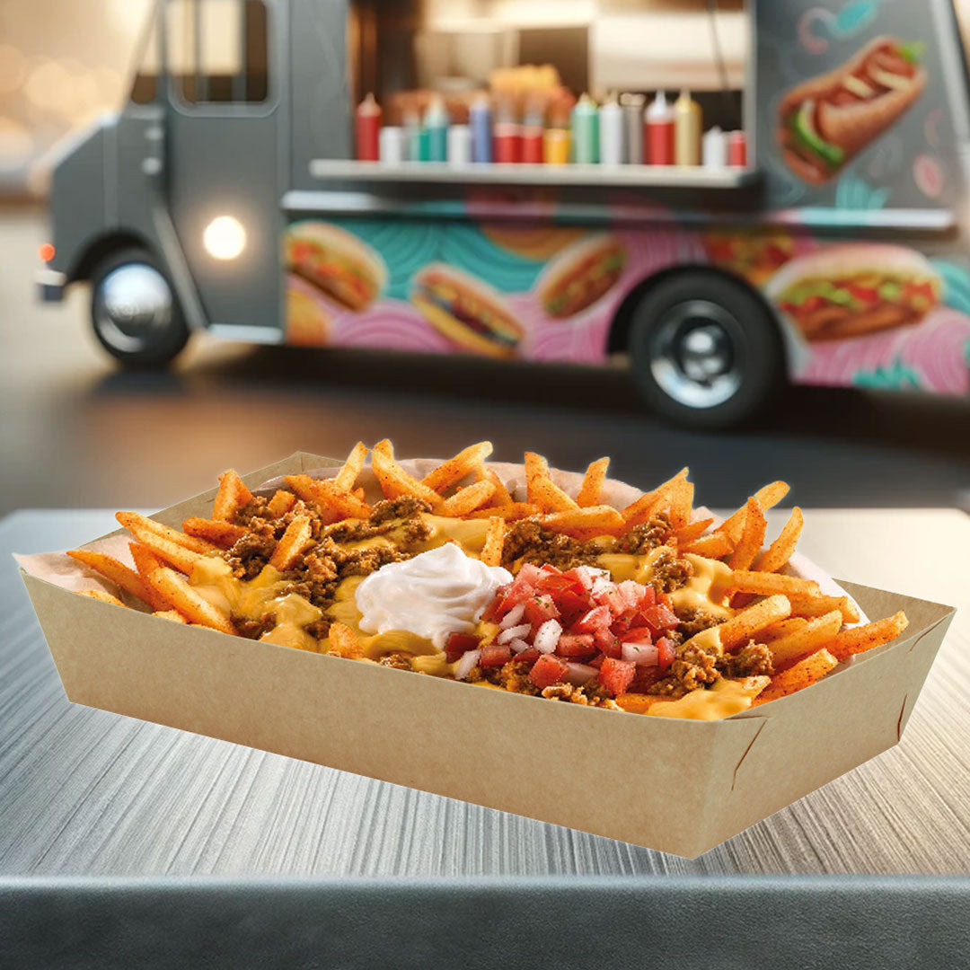 Charola de cartón kraft biodegradable con papas fritas cargadas, frente a un food truck de comida rápida.