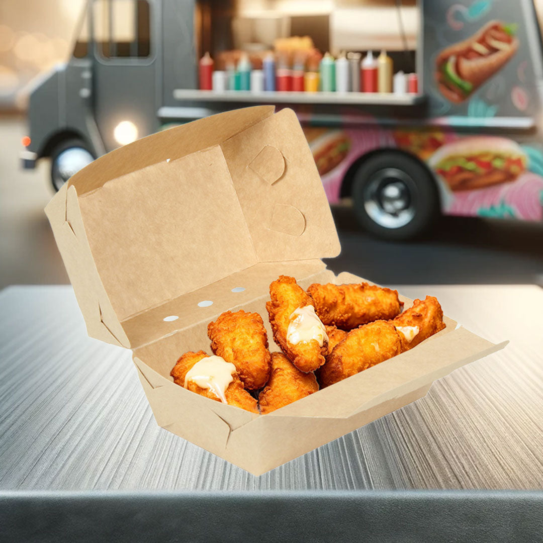 caja tipo bisagra color kraft abierta, dentro tiene unas piezas de tender con aderezo y de fondo un camión de comida rápido