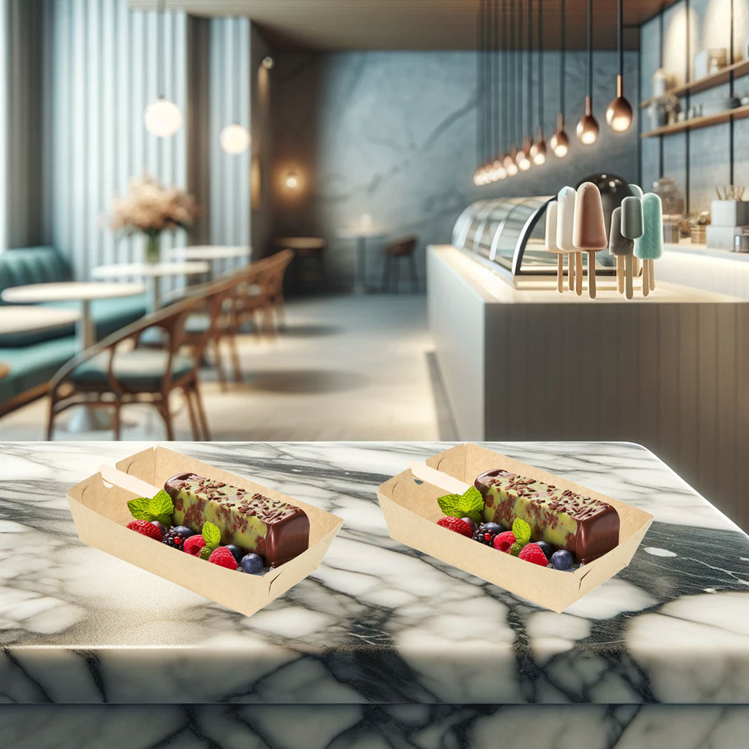 Charolas biodegradables color Kraft, con paleta heladas cubiertas de chocolate y decorados con frutas, servidos en una cafetería.