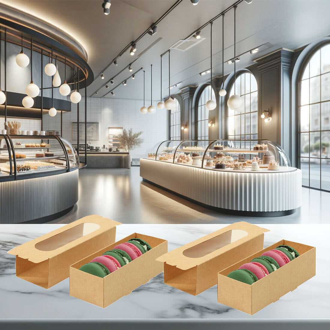 2 cajas color kraft biodegradables, con macarrones dentro y la tapa a un lado, de fondo se ve una pastelería