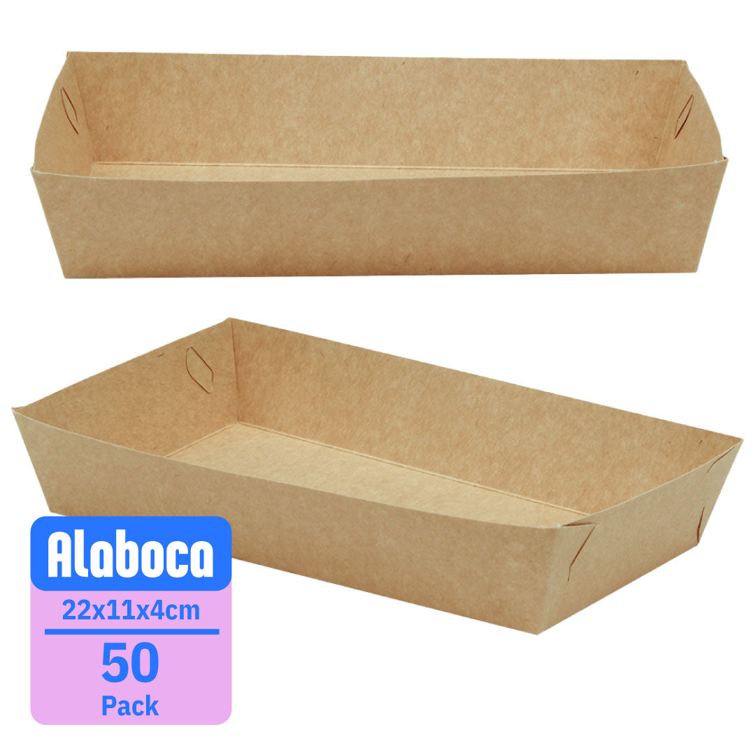 2 charolas color kraft, con un fondo blanco biodegradable que viene en paquete de 50 piezas