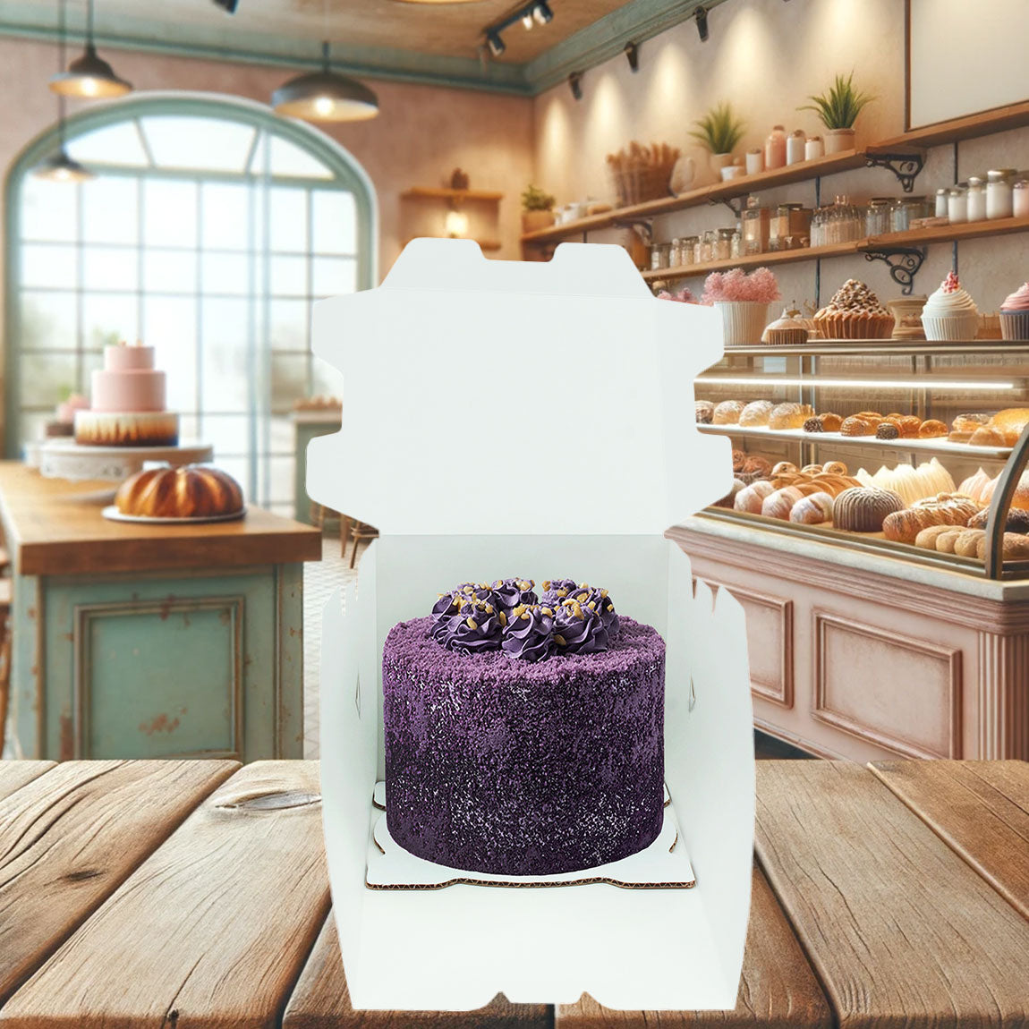 caja de carton color blanco, abierta con un pastel color purpura adentro, de fondo esta una pastelería