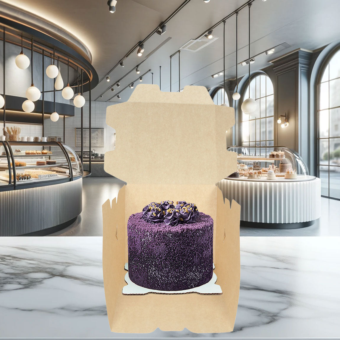 caja de carton color kraft, abierta con un pastel color purpura adentro, de fondo esta una pastelería