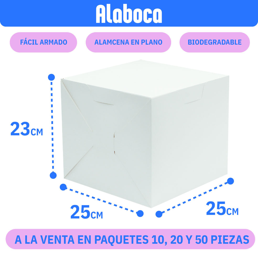 Caja de carton blanca de 25x25x23, cerrada color blanco linead punteadas en el borde mostrando las medidas, en paquetes de 10, 20 y 50 piezas