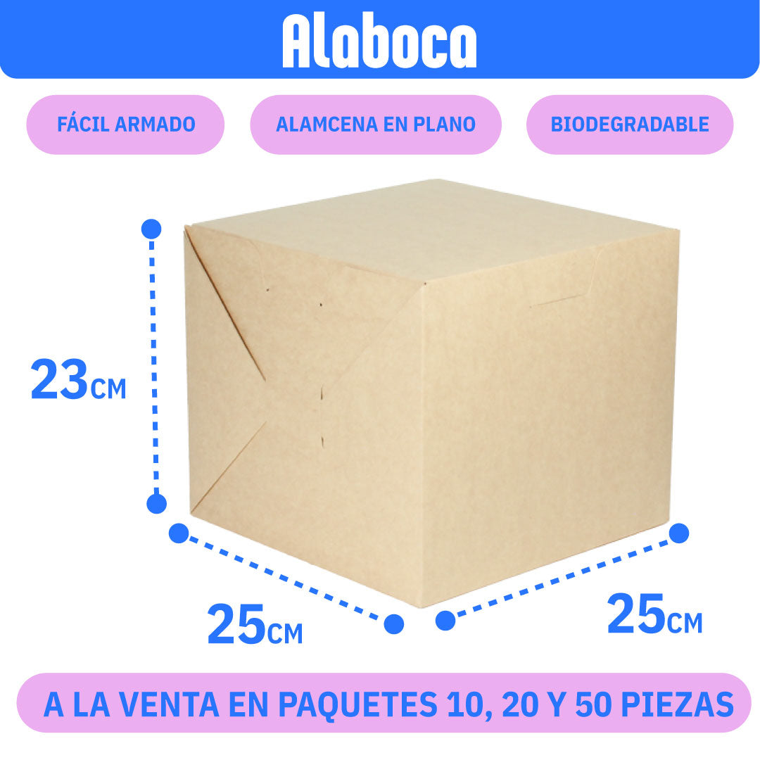 Caja de carton color Kraft de 25x25x23, cerrada color Kraft lineas punteadas en el borde mostrando las medidas, en paquetes de 10, 20 y 50 piezas