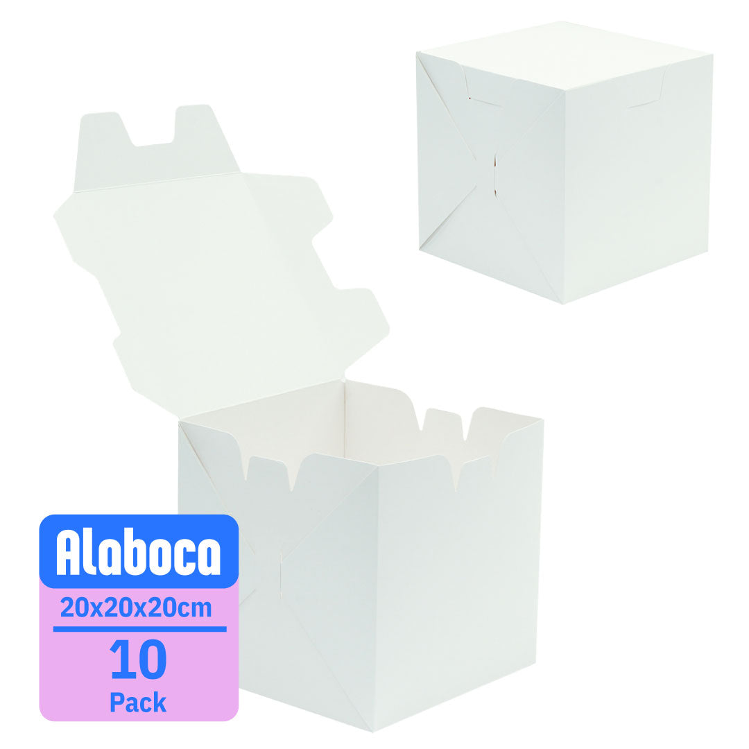 caja para pastel mediana color blanca con las medidas y el tamaño de paquete visible con una caja cerrada en la parte superior derecha y una caja abierta en la esquina inferior izquierda de la imagen, ideal para guardar alimentos de manera biodegradable y sostenible.
