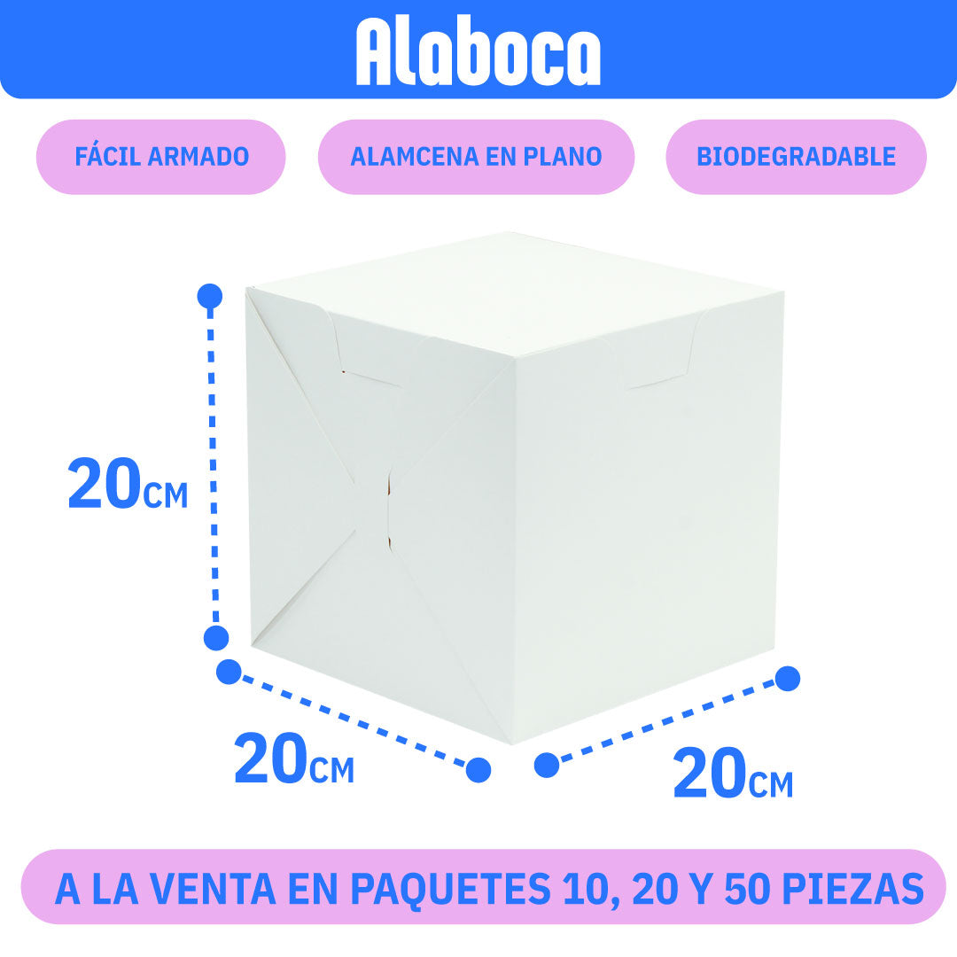 Caja de cartón blanca con medidas indicadas 20x20x20cm
, diseñada para empaque versátil y resistente. Ideal para productos delicados, fabricada con materiales reciclables.