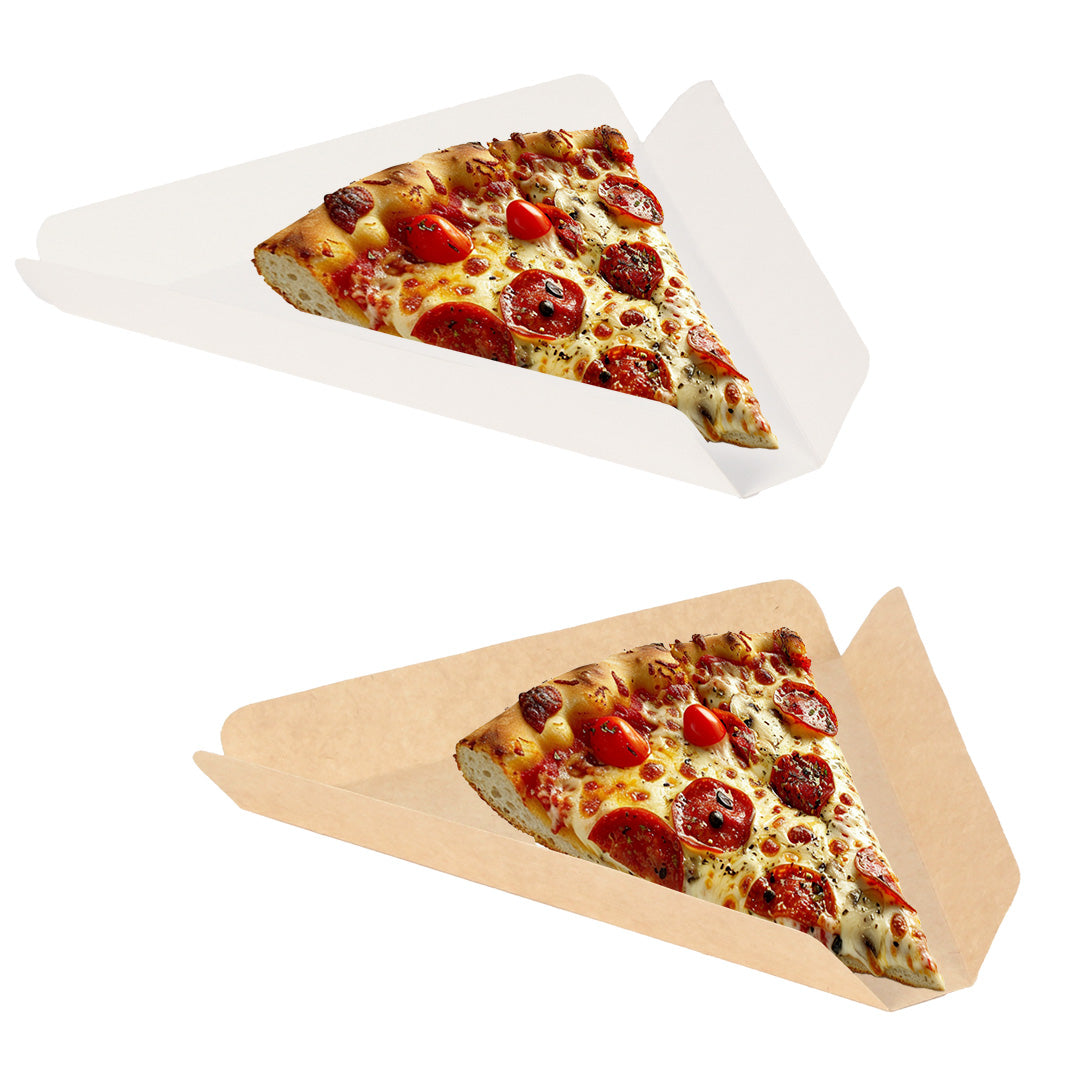 2 cajas para rebanada de pizza, una color blanco y otra color kraftn abiertas y con una rebanada de pizza dentro, las cajas con de grado alimenticio biodegradables