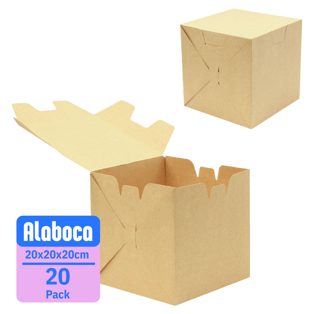 caja para pastel mediana color Kraft con las medidas y el tamaño de paquete visible con una caja cerrada en la parte superior derecha y una caja abierta en la esquina inferior izquierda de la imagen, ideal para guardar alimentos de manera biodegradable y sostenible.