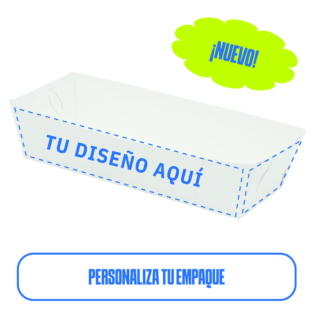 charola para hotdog blanca con líneas punteadas azules, que indican la posibilidad de personalizar el diseño. El texto 'Tu diseño aquí' está impreso en el lateral de la bandeja. En la esquina superior derecha, un globo verde con la palabra '¡Nuevo!' resalta la novedad del producto. Debajo de la imagen, el texto 'Personaliza tu empaque' invita a los usuarios a personalizar su empaque.