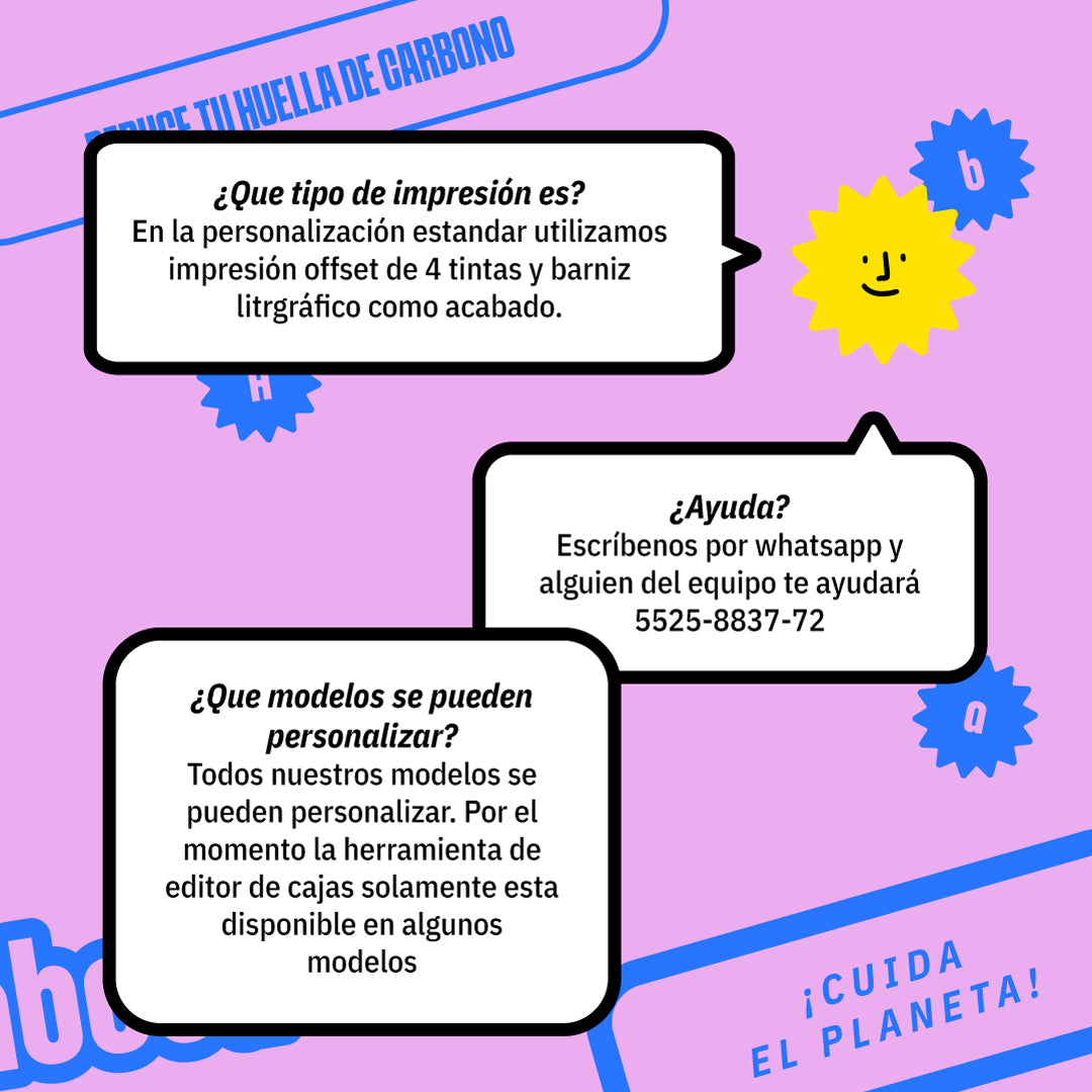 Imagen con fondo morado que presenta tres cuadros de diálogo con preguntas frecuentes. La primera pregunta aborda el tipo de impresión utilizada, mencionando impresión offset de 4 tintas y barniz litográfico. La segunda ofrece ayuda a través de WhatsApp con un número de contacto. La tercera pregunta habla sobre la personalización de modelos, indicando que todos son personalizables, aunque la herramienta de edición solo está disponible en algunos. Decorada con elementos gráficos coloridos como un sol sonrien