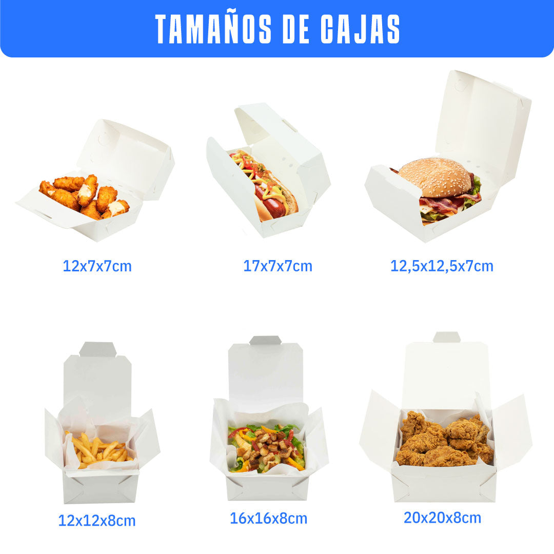 imagen con fondo blanco en la que se muestran 6 diferentes cajas de comida color blanco con comida dentro, de carton regido y ecológico 