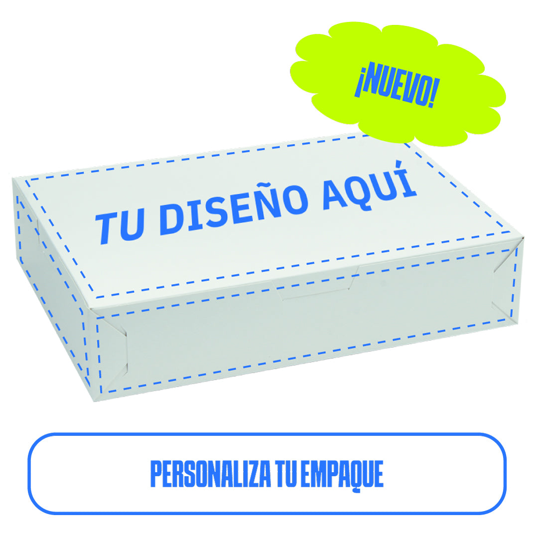 caja para galletas blanca con líneas punteadas azules, que indican la posibilidad de personalizar el diseño. El texto 'Tu diseño aquí' está impreso en el lateral de la bandeja. En la esquina superior derecha, un globo verde con la palabra '¡Nuevo!' resalta la novedad del producto. Debajo de la imagen, el texto 'Personaliza tu empaque' invita a los usuarios a personalizar su empaque.