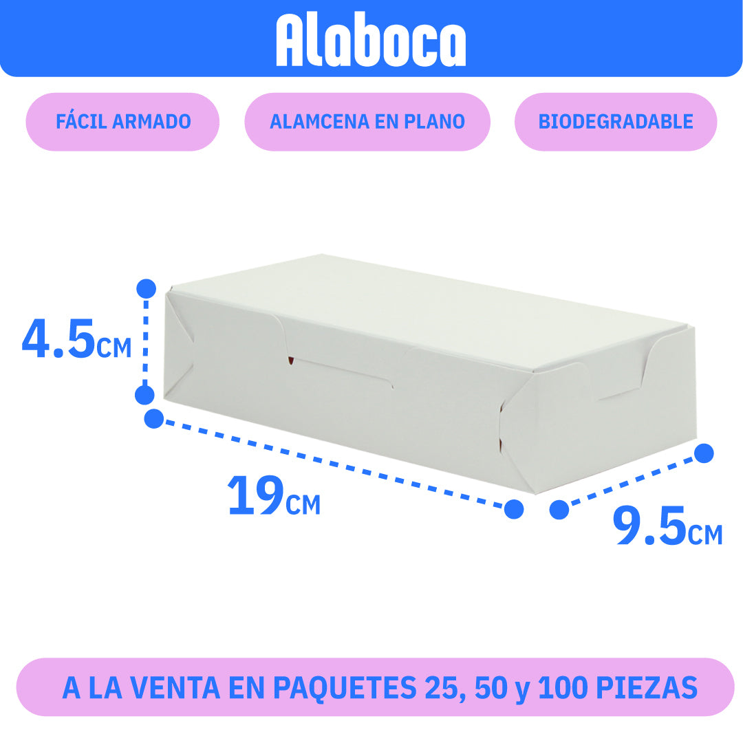 Caja de cartón biodegradable color blanco de 19x9.5x4.5 cm para empaque de alimentos, disponible en paquetes de 25, 50 y 100 piezas.