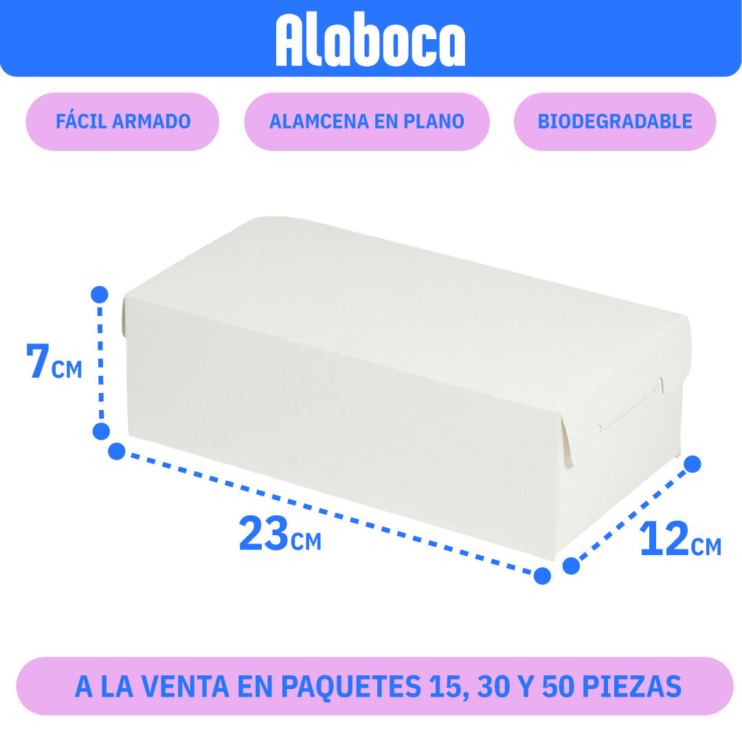 Caja rectangular de carton color blanco, de 23x12x7 cm, biodegradable, carton rigido fácil de armar se almacena en plano, en paquetes de 15, 30 y 50 piezas 