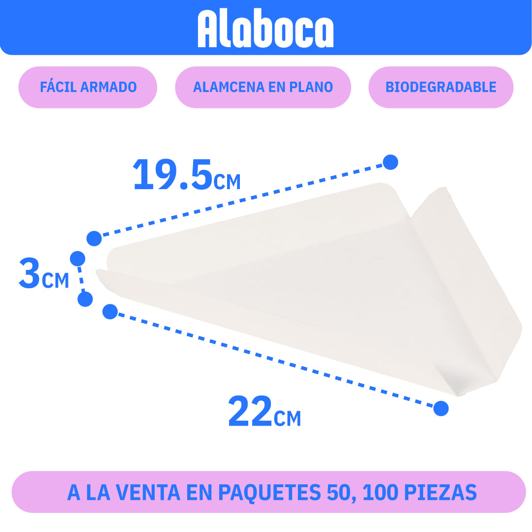 charola para rebanada de pizza color blanco de 19.5x3x22 cm, facil de armar biodegradable en paquetes de 30 y 100 piezas