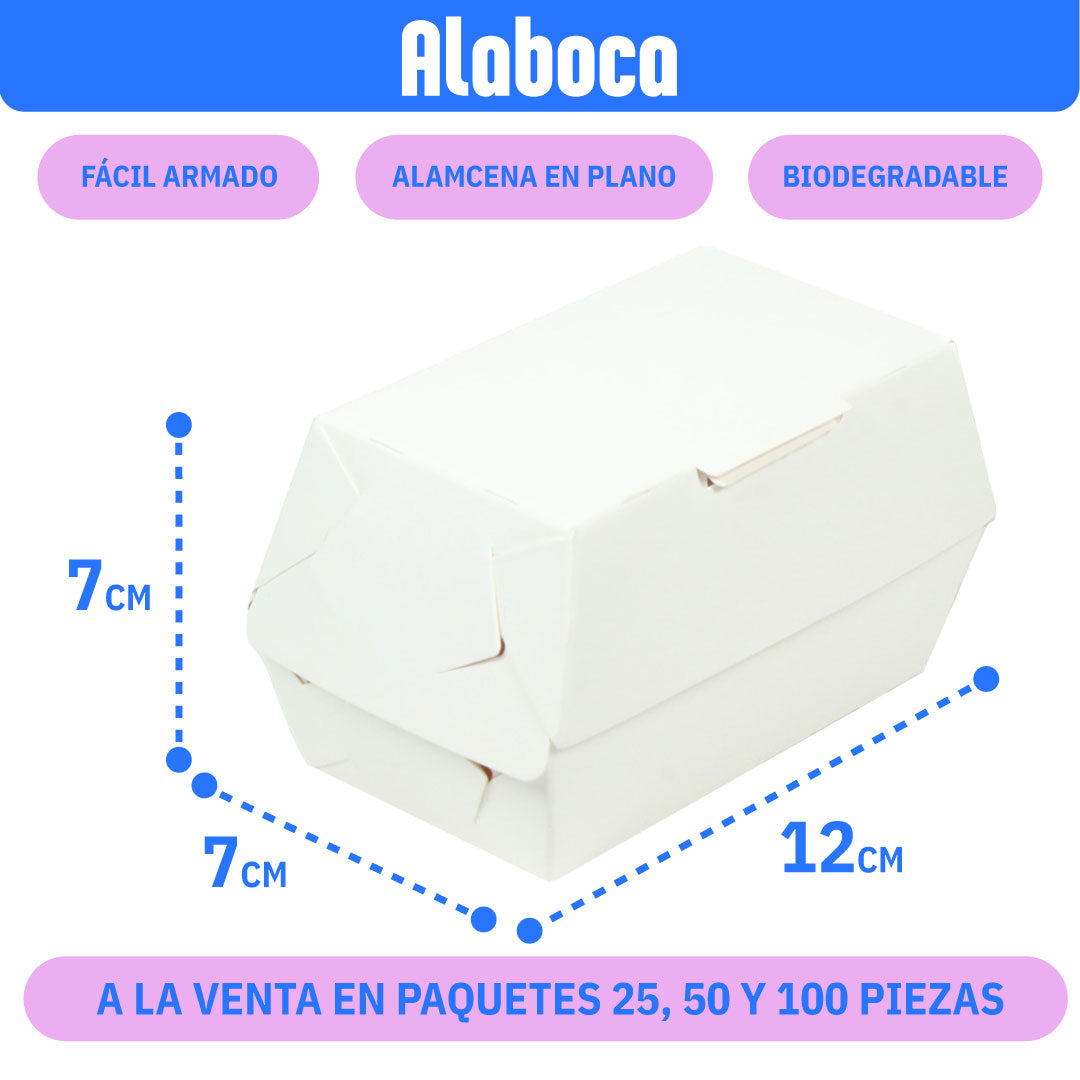 Caja blanca biodegradable de 12x7x7 cm, fácil de armar y almacenar, disponible en paquetes de 25, 50 y 100 piezas.