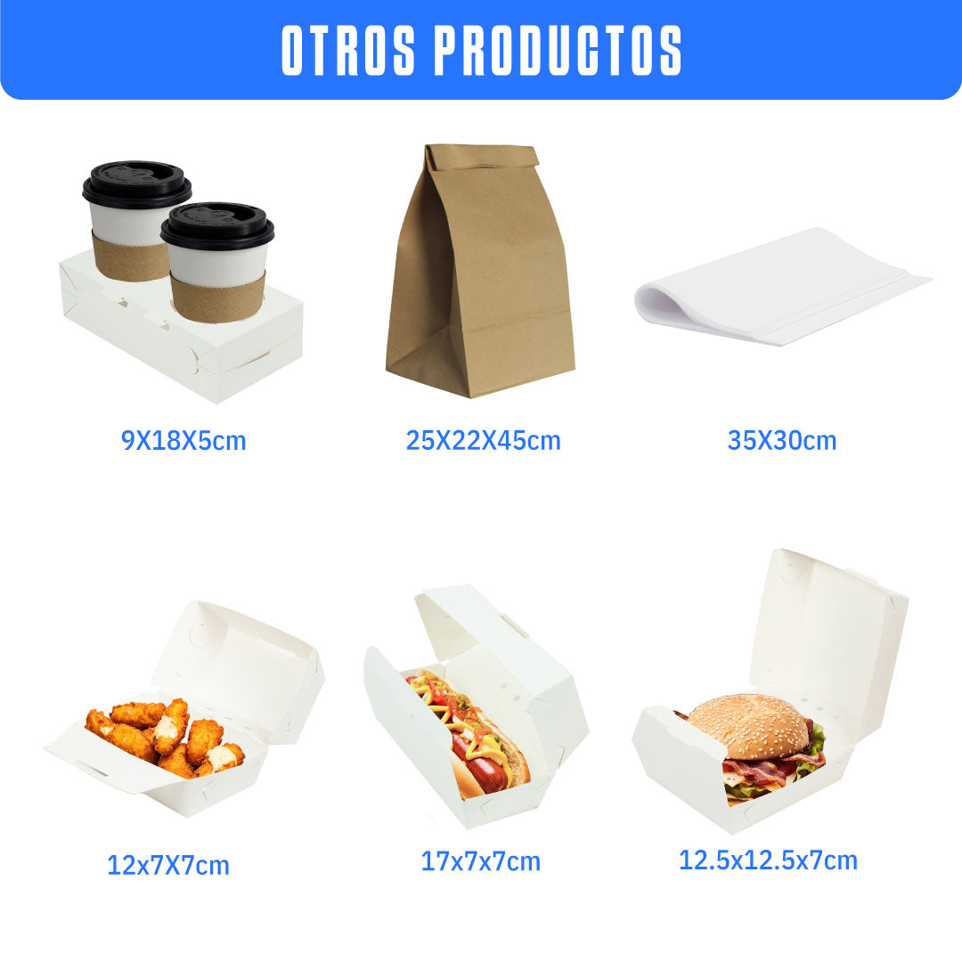 Imagen en la que se muestran todos los tipos de productos, charolas, cajas , porta vasos, bolsas y papel con sus medidas cada uno.