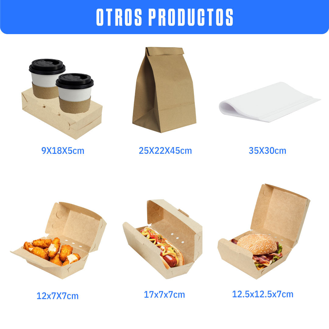 Imagen en la que se muestran todos los tipos de productos, charolas, cajas, porta vasos, bolsas y papel con sus medidas cada uno.