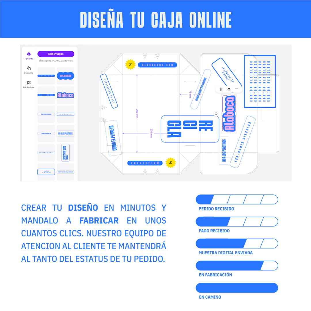 Pantalla de diseño en línea de una caja personalizada. La interfaz muestra opciones para subir imágenes y personalizar la caja con varios elementos gráficos, incluyendo logotipos y mensajes ecológicos. Un diagrama en el centro presenta las dimensiones y el diseño de la caja desplegada. El texto resalta la facilidad para crear el diseño y enviarlo a producción con solo unos clics. A la derecha, una barra de progreso muestra las etapas del pedido, desde la recepción hasta el envío.
