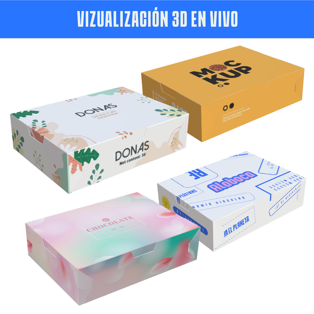 4 cajas para donas con diferentes diseños personalizados, ideal para poder transportar postres de una manera mas personal para su negocio o evento.