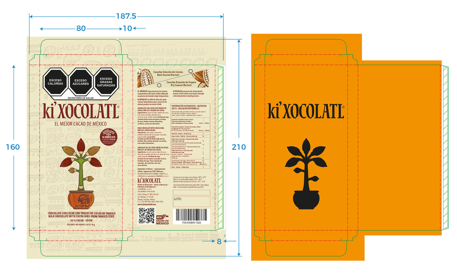 Caja de cartón impresa para chocolate artesanal Ki Xocolatl.