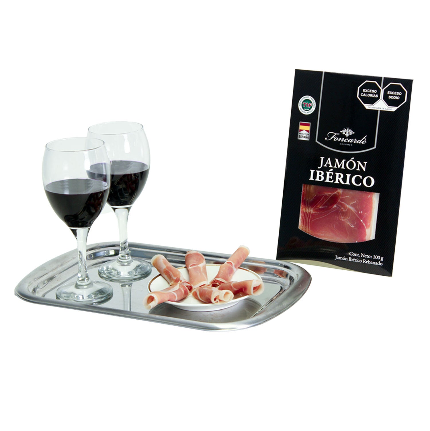 Caja de cartón negra para producto gourmet acompañado de vino y jamón serrano 