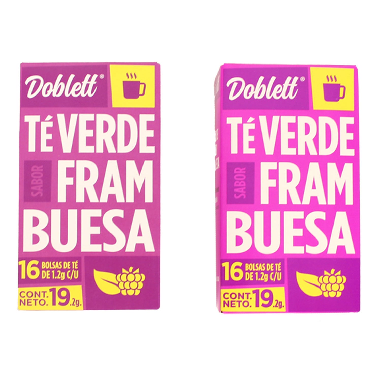 Diseño de empaque para té de frutas con etiquetas llamativas.