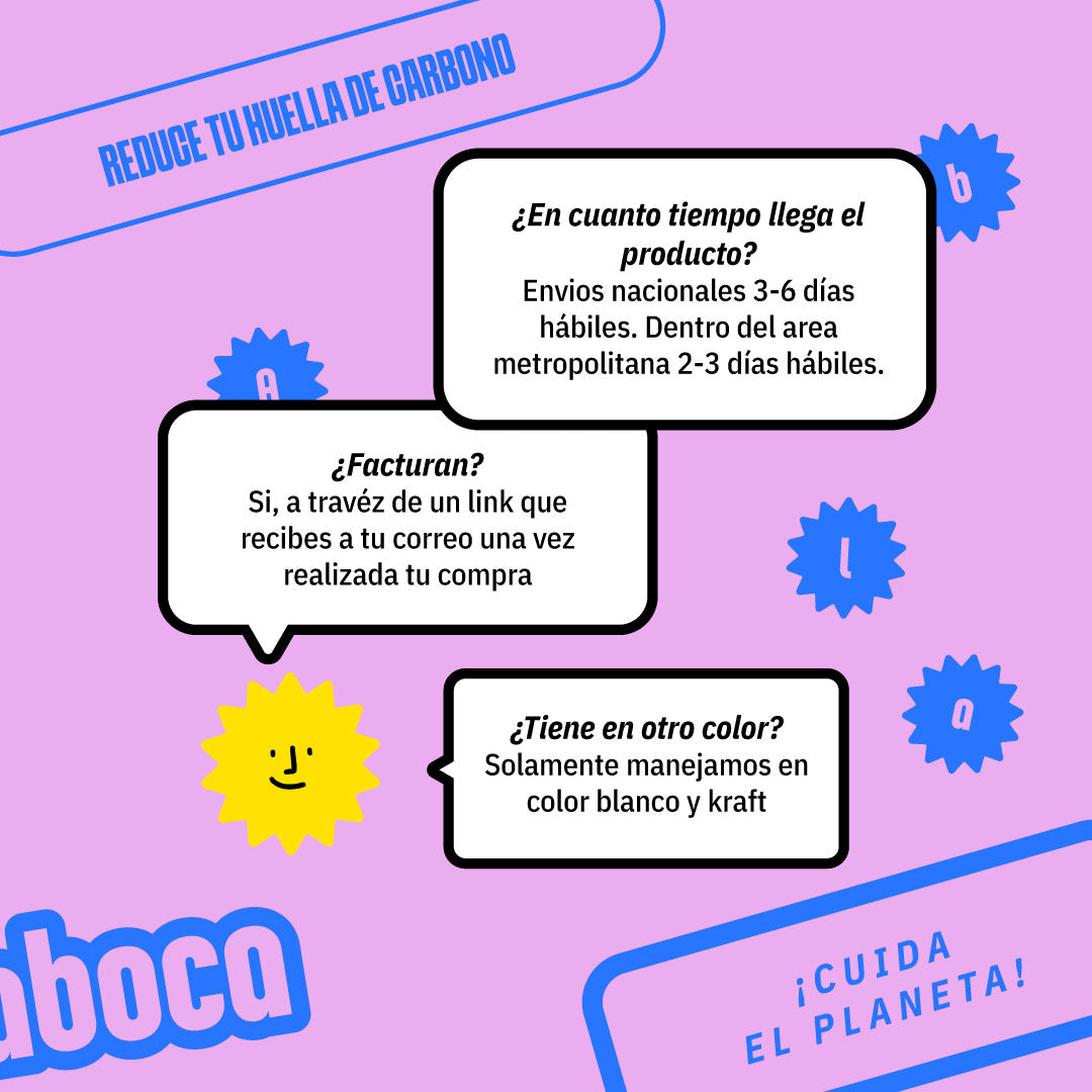 magen informativa de Alaboca con preguntas frecuentes sobre el tiempo de envío (3-6 días hábiles en envíos nacionales y 2-3 días en el área metropolitana), facturación disponible vía correo electrónico y colores de productos limitados a blanco y kraft. 