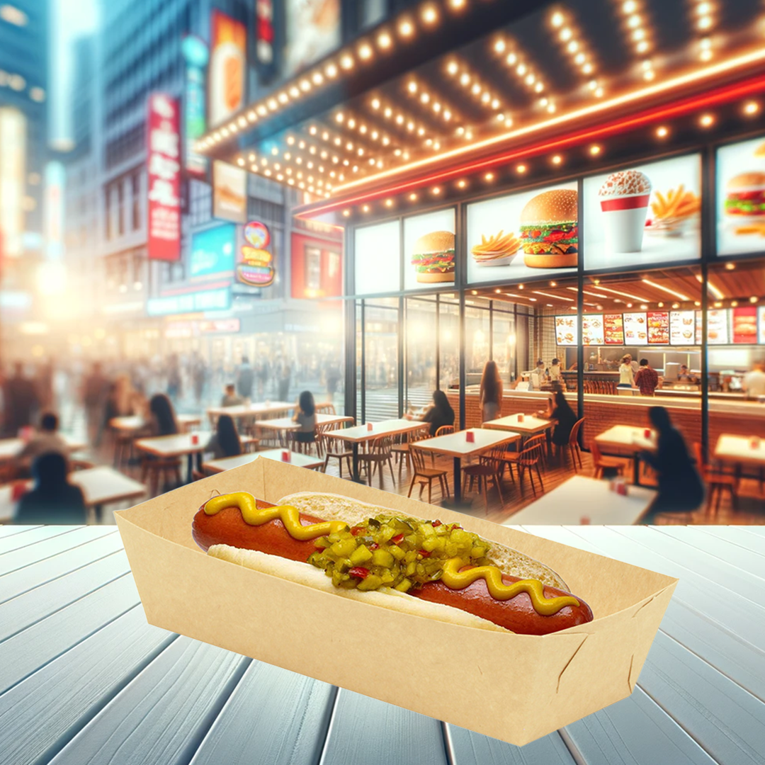 Charola de cartón color kraft biodegradable diseñada para servir hot dogs, mostrando un hot dog dentro. El fondo muestra un restaurante de comida rápida