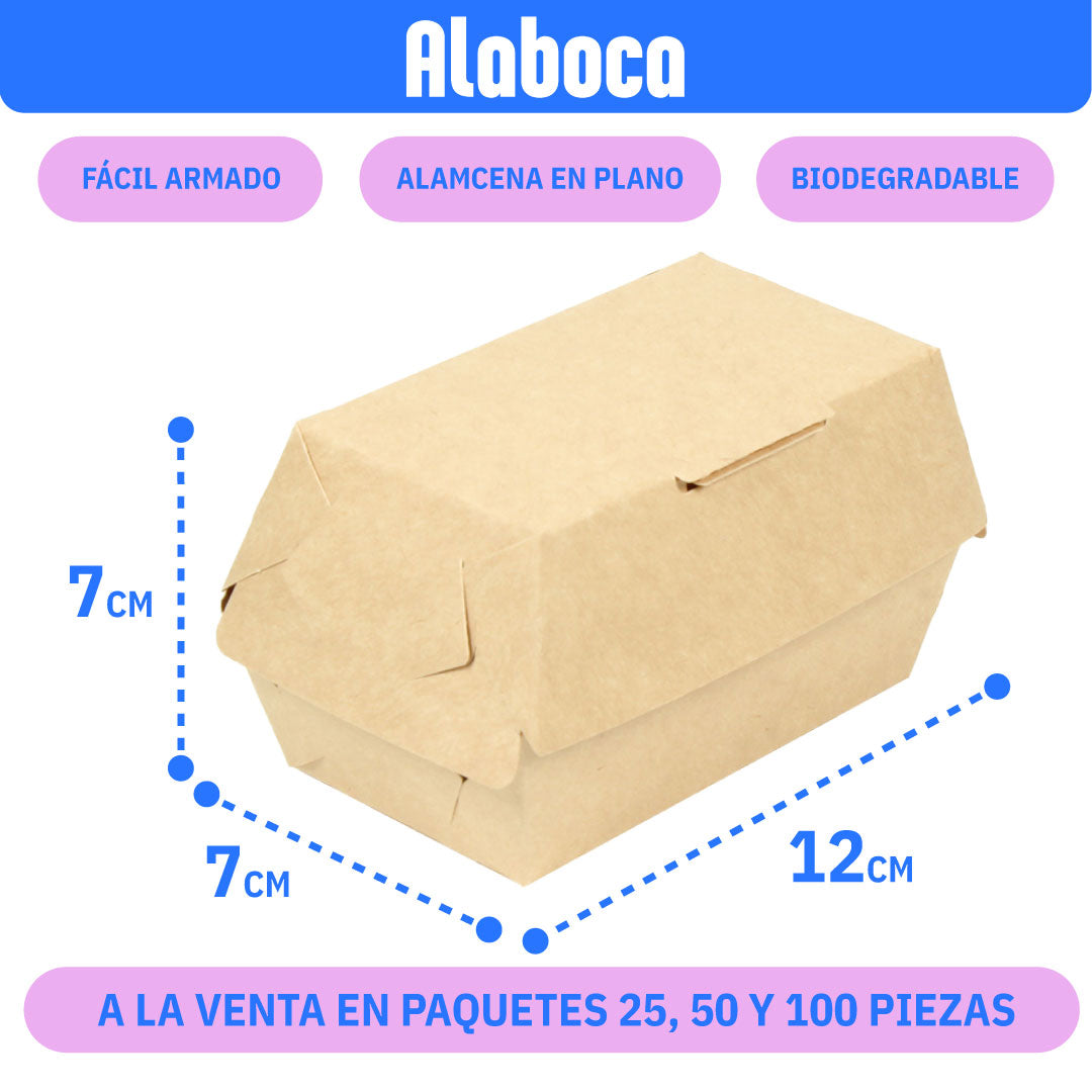 Caja kraft biodegradable de 12x7x7 cm, fácil de armar y almacenar, disponible en paquetes de 25, 50 y 100 piezas.