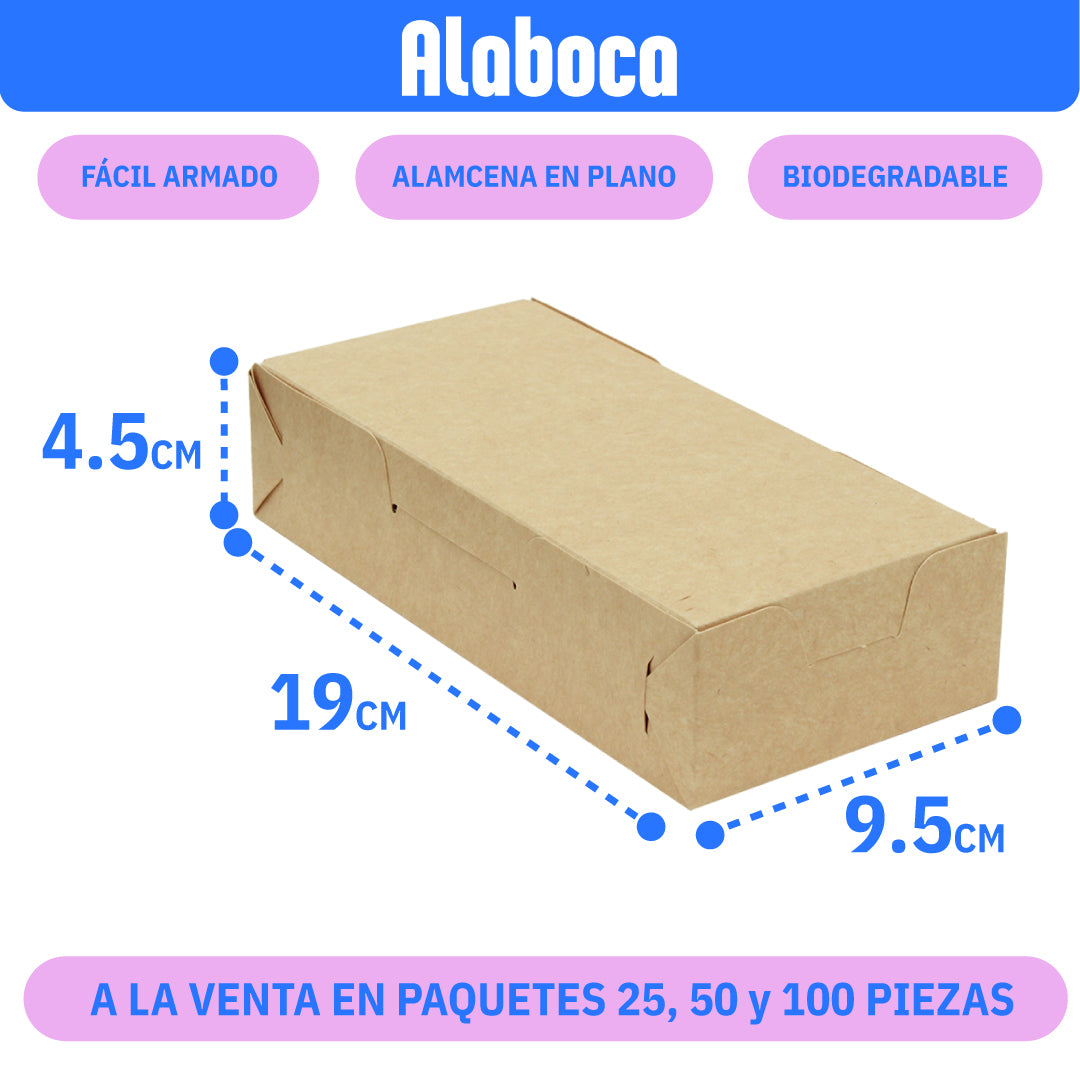 Caja de cartón biodegradable color Kraft de 19x9.5x4.5 cm para empaque de alimentos, disponible en paquetes de 25, 50 y 100 piezas.