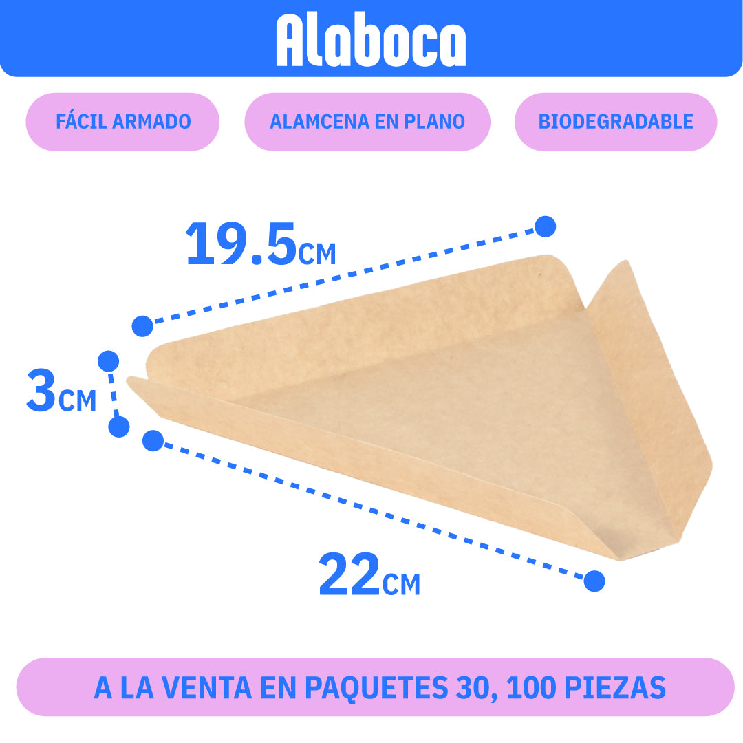 charola para rebanada de pizza color kraft de 19.5x3x22 cm, facil de armar biodegradable en paquetes de 30 y 100 piezas