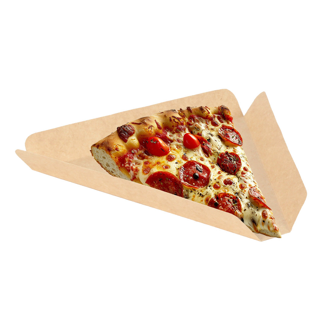 charola para pizza, color kraft, con una rebanada de pizza, vistra elegante y carton biodegradable